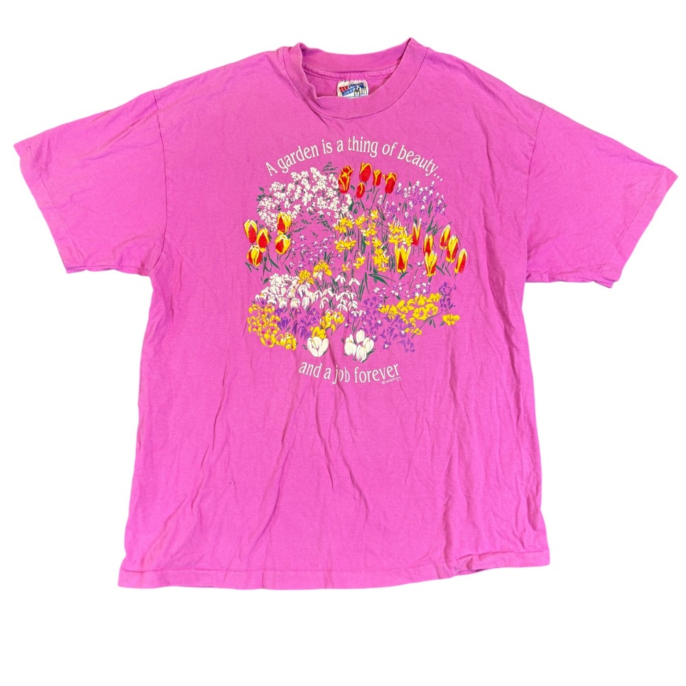 Vintage Hanes Beefy-T Pink Floral Garden Graphic T-Shirt Large Made in USA